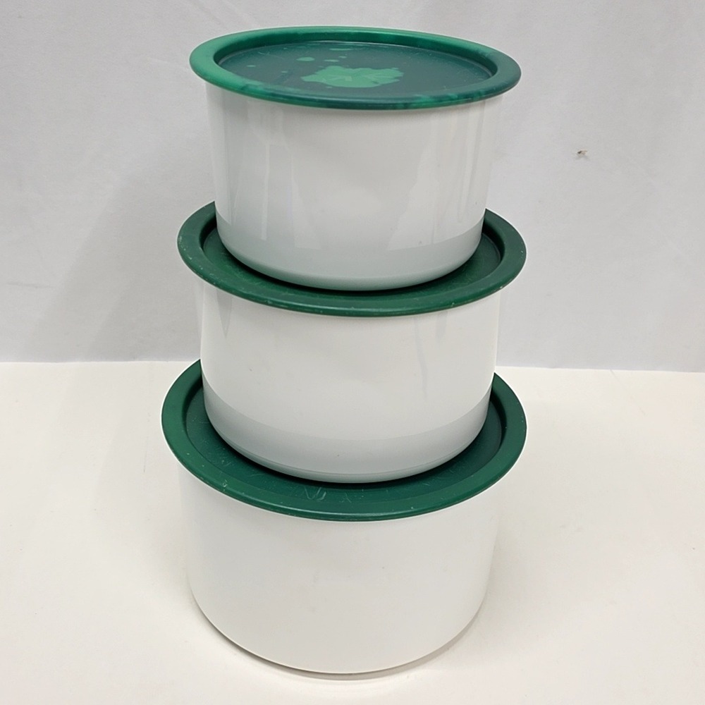 Tupperware Canister Set White Green Vintage Nesting 3 Piece